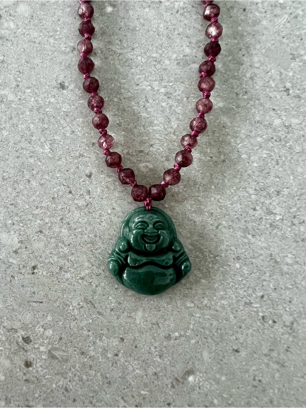 Green Jade Laughing Buddha Necklace with Burgundy Beads